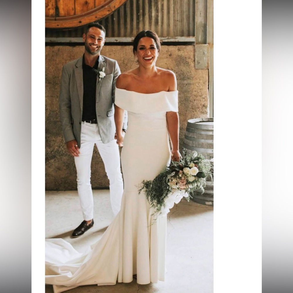 Elegant Off-Shoulder White Wedding Dress- buttons down the back to end of train